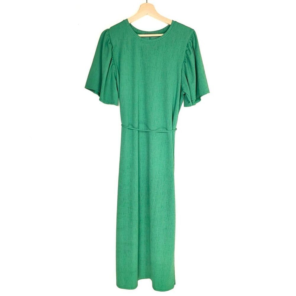 ZARA Flutter Sleeve Belted A Line Midi Dress Womens Medium Kelly Green Textured